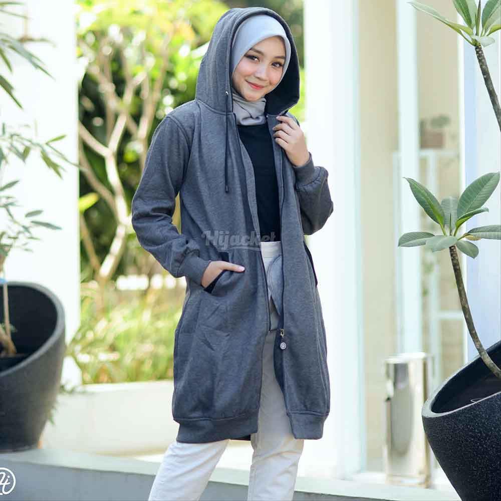 Jaket Jacket Polos Panjang Wanita Cewek Muslimah Hijabers Hoodie Kekinian Abu Tua Hijacket BC Misty-Abu Tua + Hitam