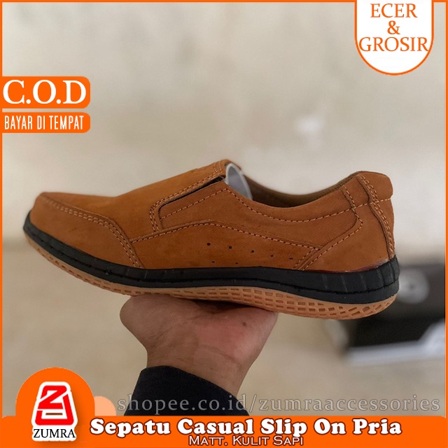 Saman Sepatu Kulit Original Model Slip On Casual Pria Ready 3 warna Hitam Coklat Tan 6 pilihan ukuran 39, 40, 41, 42, 43, 44