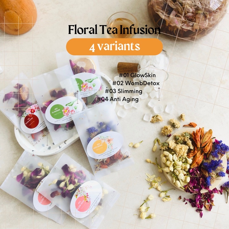 Floral Tea Infusion/Teh Bunga Sachet : Glow skin|Slimming|Womb detox|Anti aging (teh melati,teh mawar,teh pelangsing,teh herbal,teh bunga,tisane,tea blend sachet)