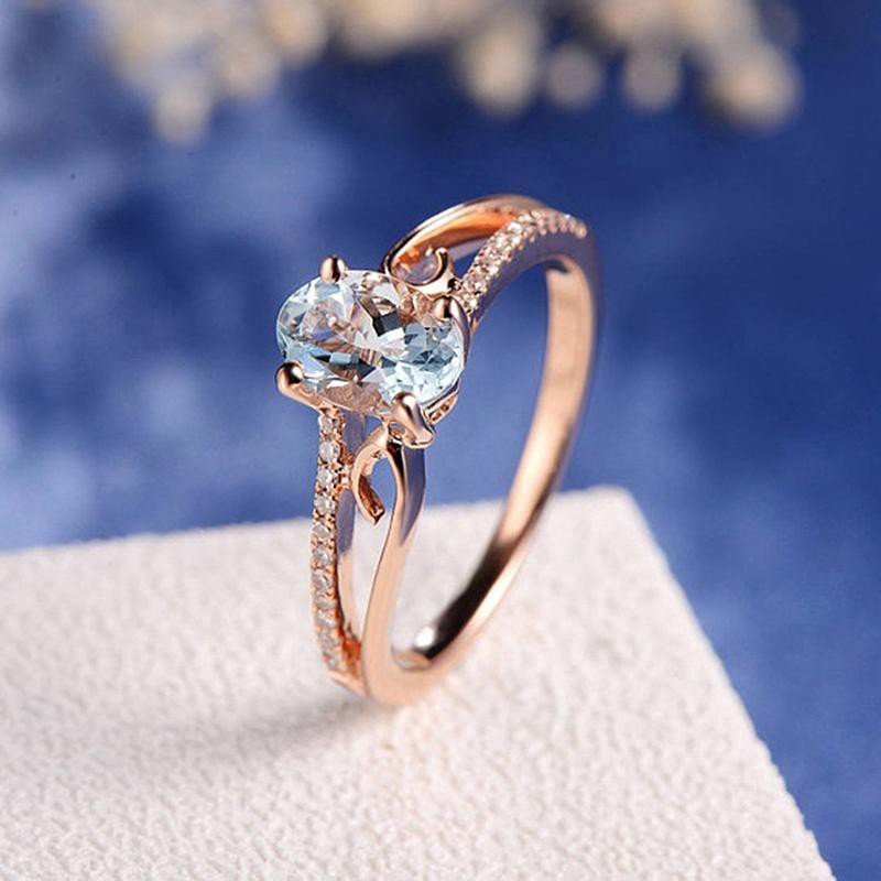 Cincin Kawin Tunangan Anniversary Ring Oval Kristal Aquamarine Wanita