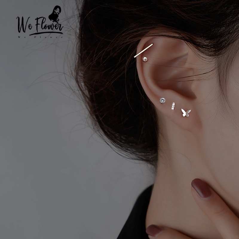 We Flower 5PCs / Set Anting Tusuk Sterling Silver 925 Desain Kupu-Kupu + Bola Kristal Untuk Wanita