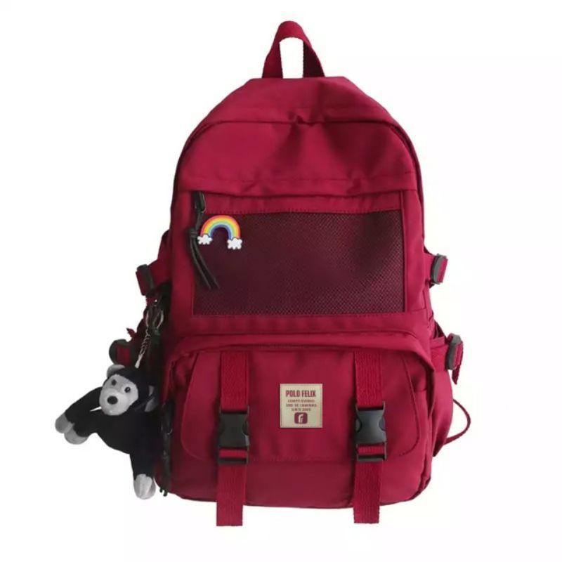 Ransel Baru 2021 Backpack Wanita Saku Nilon Tas Sekolah untuk Remaja Bahu Tas Travel Ransel Wanita-Maroon