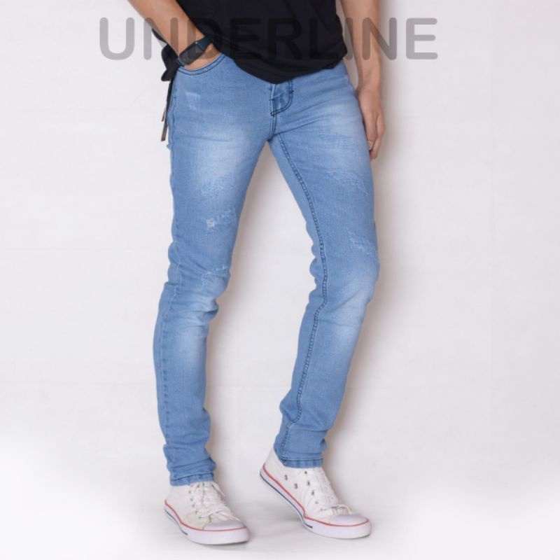 Celana jeans ripped laser daun pria premium , ripped jeans pria tidak tembus original Underline