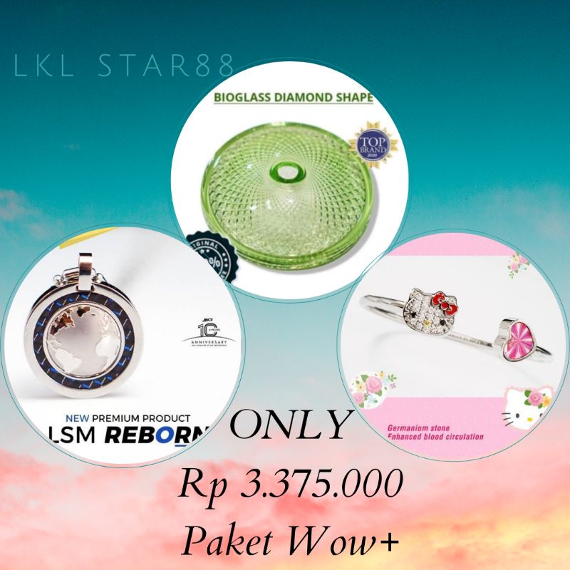 Paket Bioglass Diamond Shape D10 cm + Pendant LSM Reborn + Bangle Hello Kitty ORI MCI