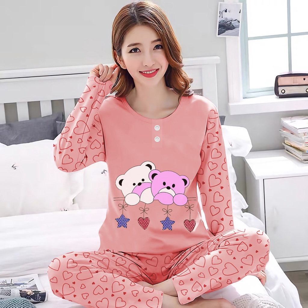 Lilipop.id  Baju Tidur Wanita Twin Bear Celana Panjang PP Allsize Lengan Panjang Baby Doll Bahan Kaos Dewasa