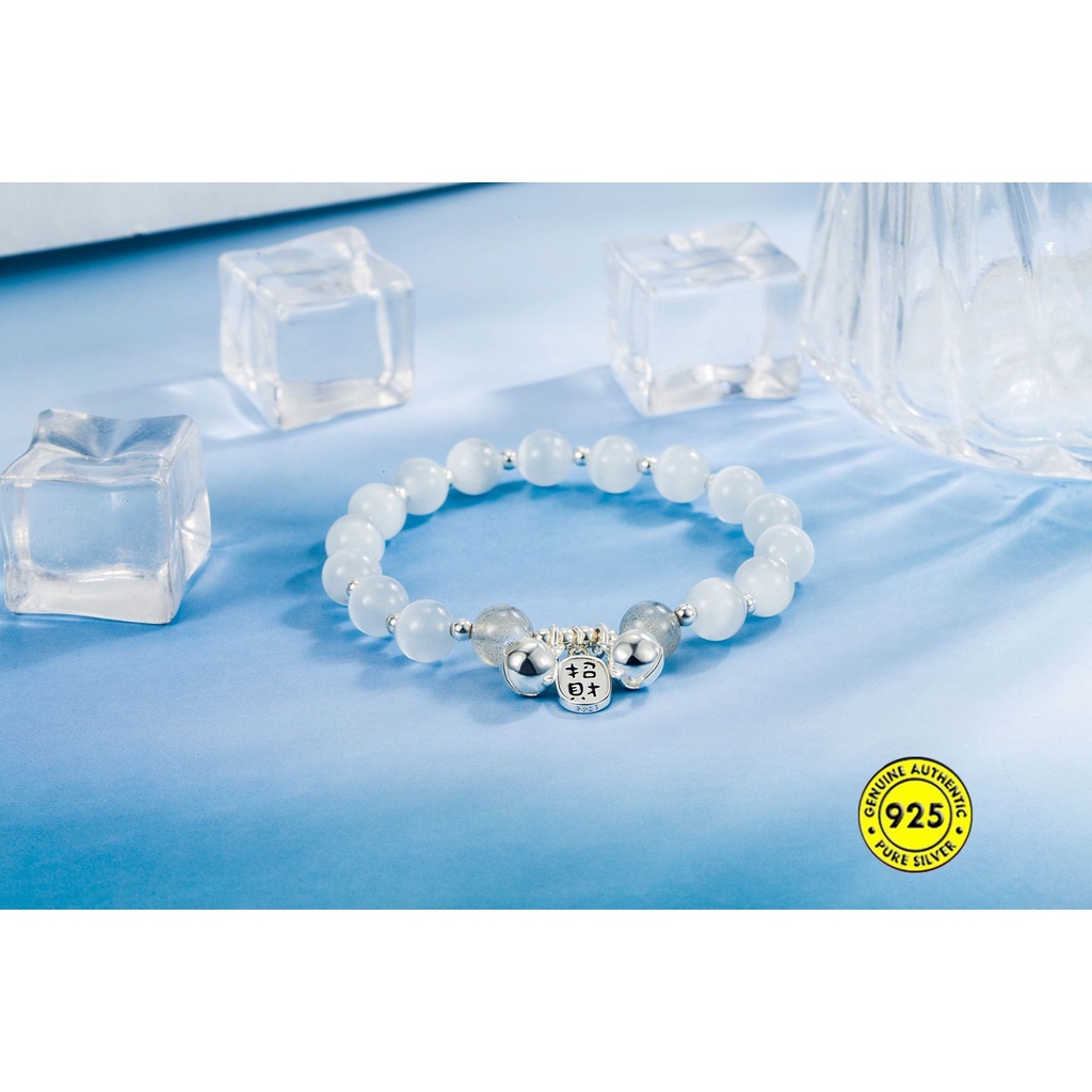 Gelang Tali Elastis Dapat Disesuaikan Bahan S925 Silver Aksen Manik-Manik Keberuntungan Untuk Wanita