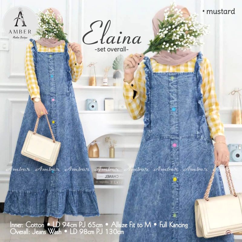 Elaina Set Overall By AMBER • Overall Jeans Wanita Set •  Dress Overall Maxi Jeans Wanita Muslim Set