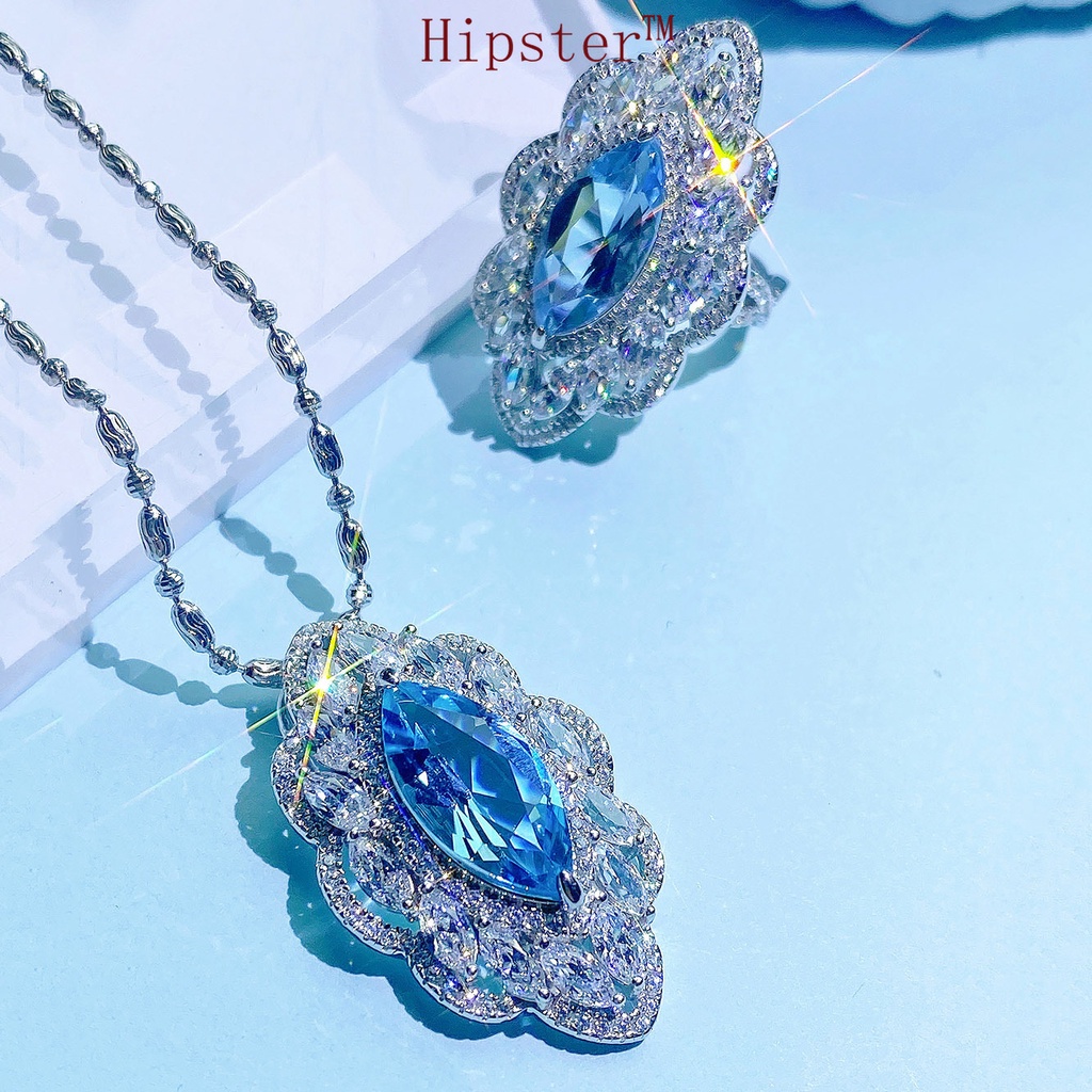 High-End Jewelry Navy Blue Topaz Necklace Ring Suit