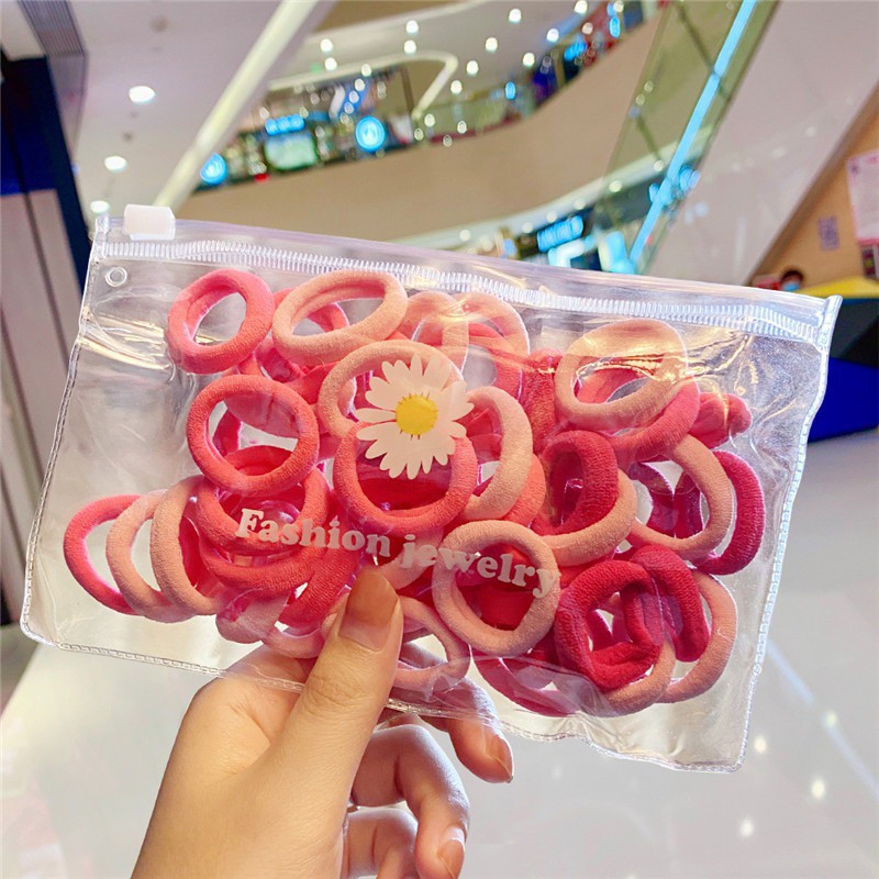 OVERFLOWS.ID 50 Pcs Tali Rambut Donut Dengan Pouch Bunga Daisy Import Ikat Rambut Set Import-50PCS-Mix Pink