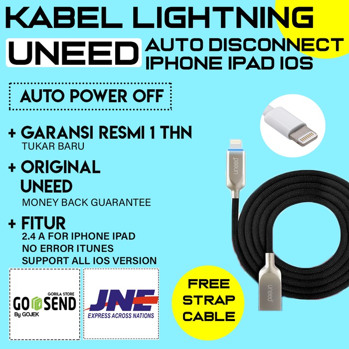 KABEL CHARGER LIGHTNING UNEED AUTO DISCONNECT SWITCH UCB21I IPHONE