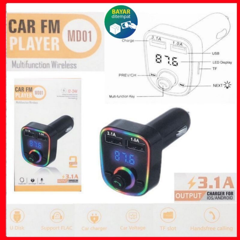 Car Charger Bluetooth Mp3 Player FM Transmitter Modulator Wireless LED MD01