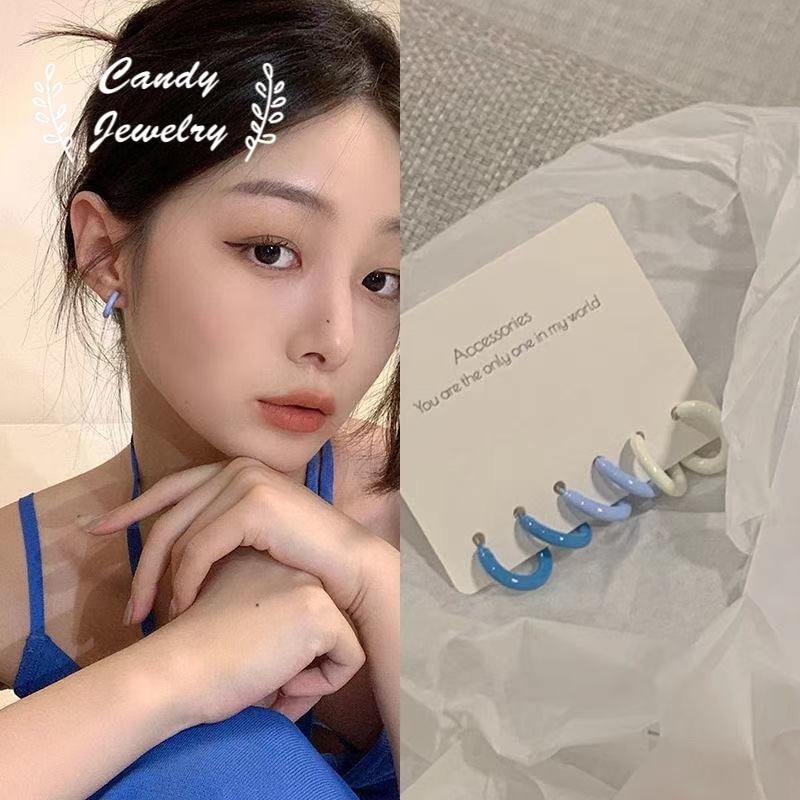 3pcs / Set Anting Hoop Bentuk Lingkaran Geometris Warna Biru Putih Gaya Korea Untuk Wanita