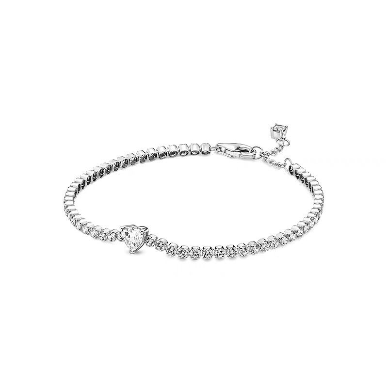 Pandora Gelang 925 Silver Bentuk Hati Hias Berlian Kubik Zirkonia Dapat Disesuaikan Untuk Wanita