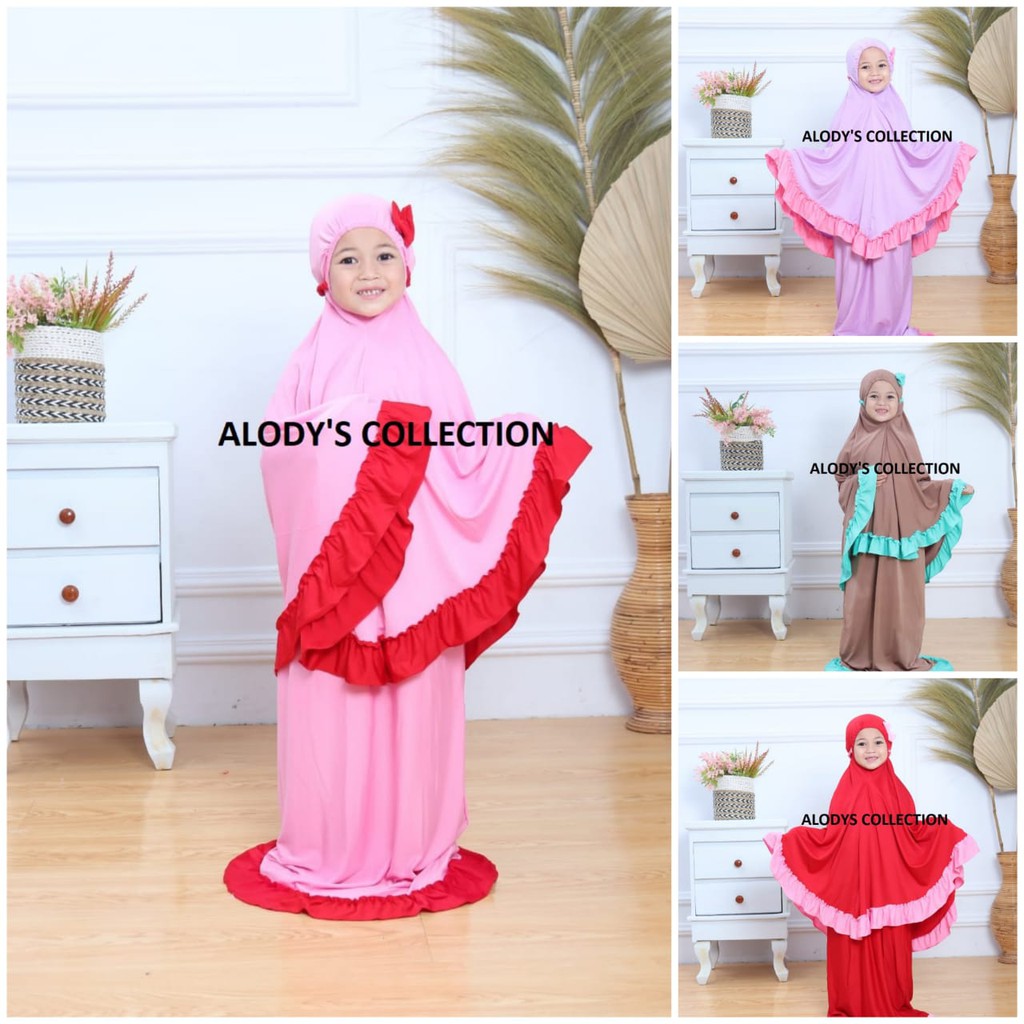 Mukena Anak Variasi Pita 1 Rempel Size L Usia 6-12 Tahun Free Tas Bahan Jersey / Alody's Collection