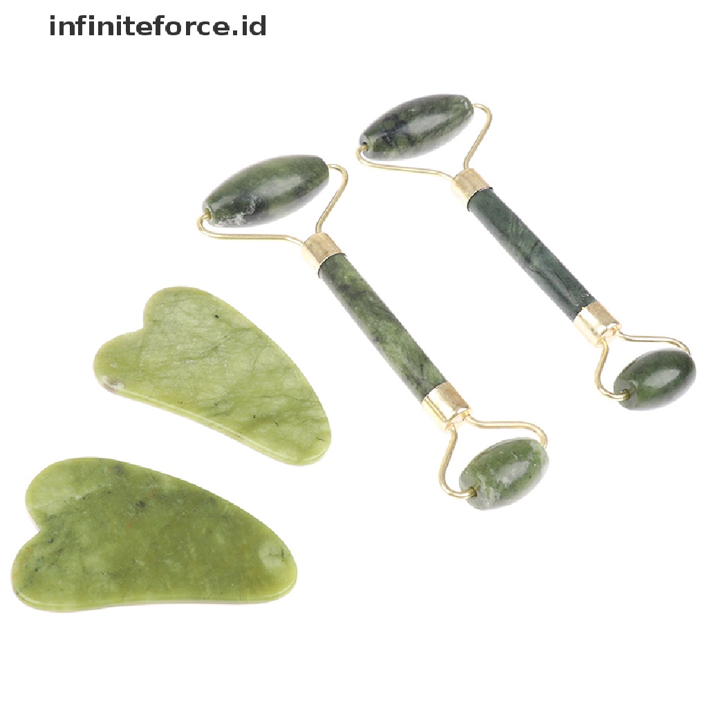 Infiniteforce.id Set Alat Pijat Roller Batu Giok Guasha Alami + Scraper Untuk SPA Wajah