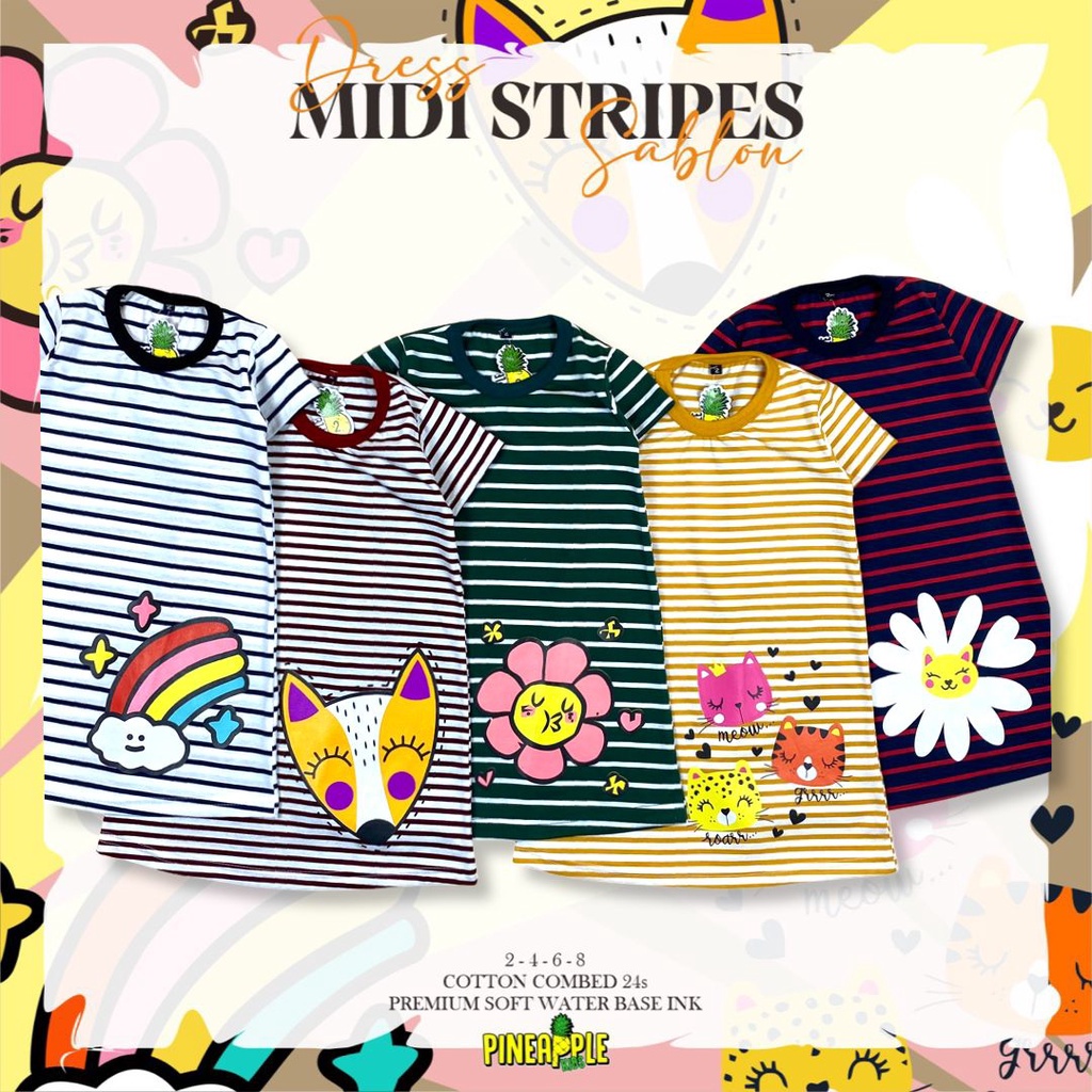 Dress Anak Midi Stripes Sablon Pineapple Original Kaos Anak Perempuan Super Premium