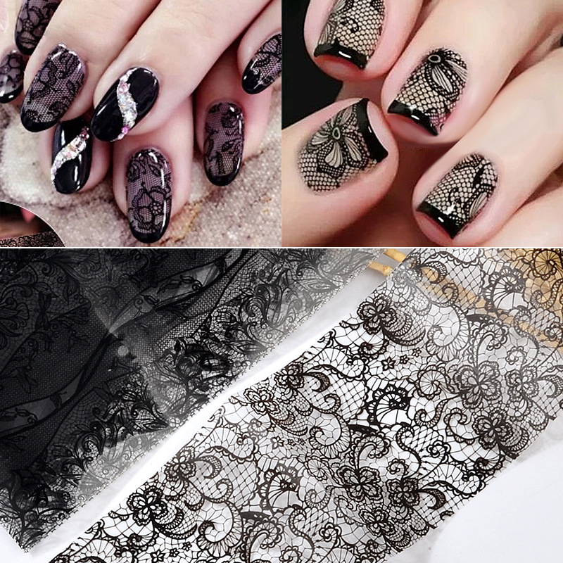 16pcs / Set Stiker Kuku Motif Lace Bunga Warna Hitam / Putih Untuk Dekorasi Nail Art / Manicure Diy