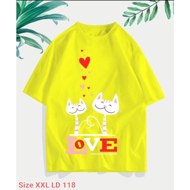 KAOS PRINTING All Size / XL X L / XXL  Jumbo Oversize Big Size  Kuning Love Cat Kucing Cotton Combet 30S Kaos Keren Berkualitas Distro Katun Motif Print Disney KAOSXXL