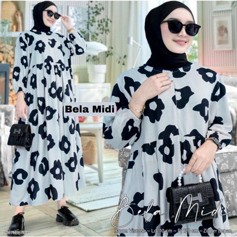 Dres Amira Midi Motif Bunga Bahan Katun Rayon / Bella Midi