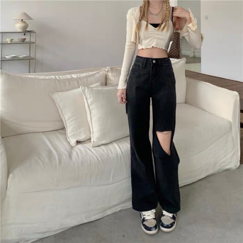 MILUX.CO -JEANS IMPORT RIPPED HIGHWAIST HW CULLOTE DENIM PANTS CELANA SOBEK CEWEK WANITA MX807