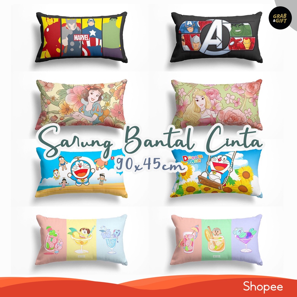 SARUNG Bantal Tidur Panjang Cinta 90x45 cm Motif Kartun / Marvel / BT21 / Hello Kitty / Doraemon / Unicorn Cover