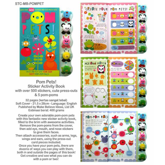 

Pom Pets! Sticker Activity Book with over 500 stickers, cute press-outs and 5 pom-poms