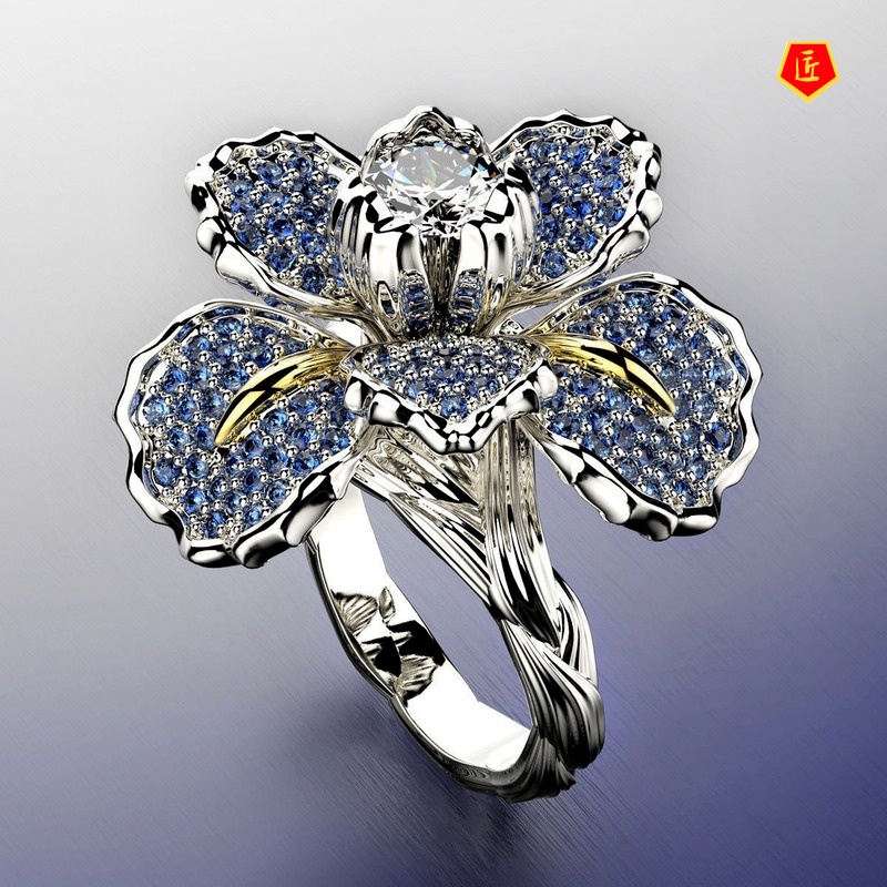 [Ready Stock]Micro-Inlaid Diamond Two-Tone Floral Ring Fashionable and Elegant