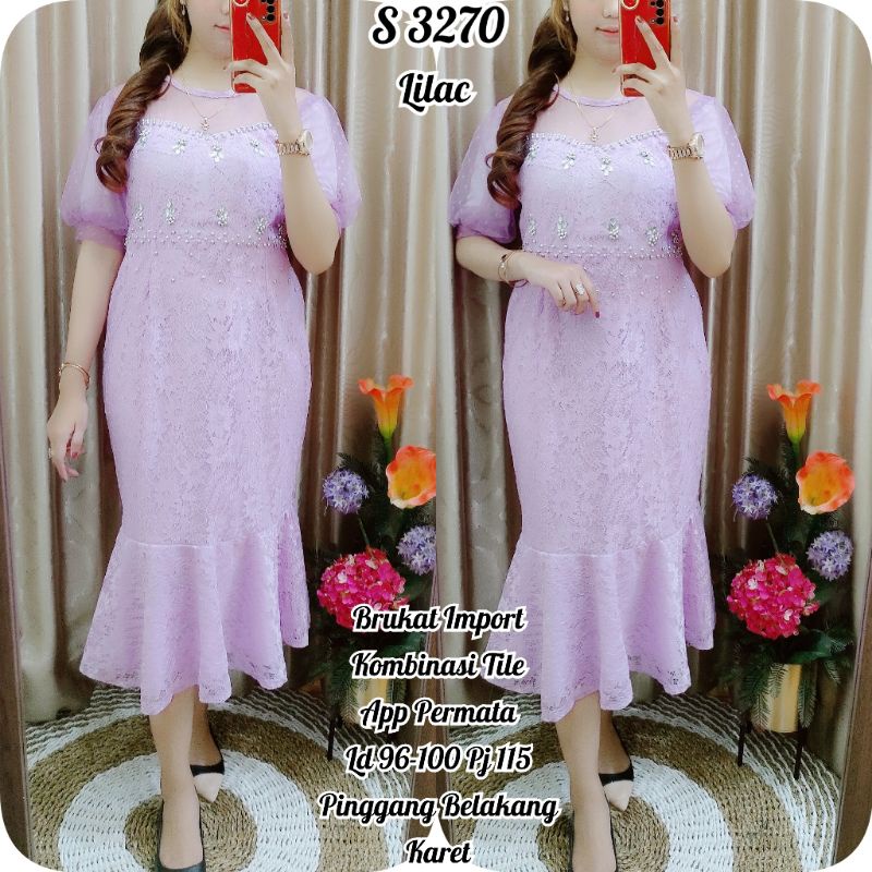 3270 Dress Brukat Duyung Super Mewah Lilac Permata