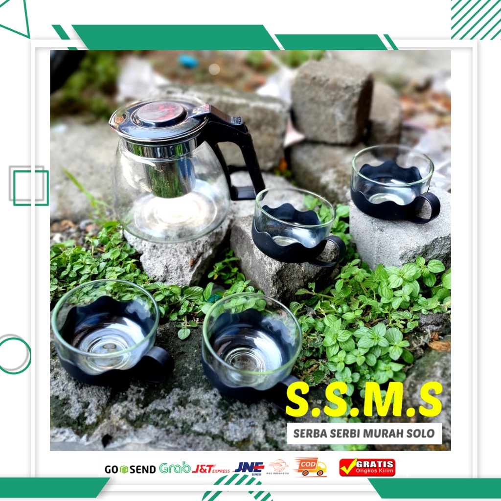 set gelas dan teko 5in1 tea pot kaca saringan tempat minuman gelas kaca teko