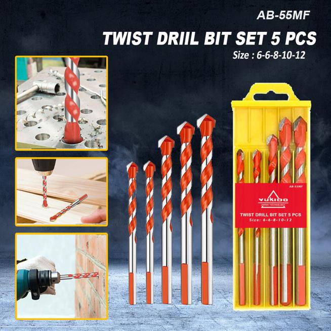 Mata Bor Drill Set 5 Pcs Multi Purpose Bor Besi Kayu Beton Multifungsi HSS Triangle Tipped Besi Kayu Beton Keramik Plastik Aluminium By Yukido Japan Teknologi