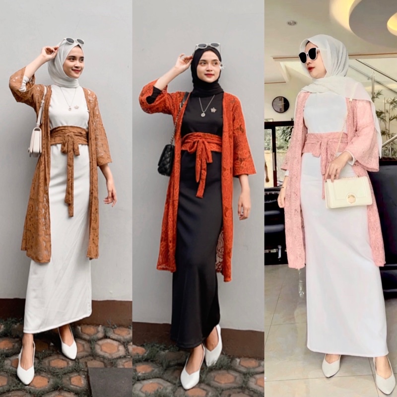 [ HIJABASKET ] helwa set ( dress + outer lace import + belt ) (busui friendly )