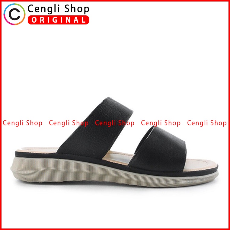 SANDAL FLAT KULIT OBERMAIN WANITA ORIGINAL SLIDE TERBARU HITAM OW05