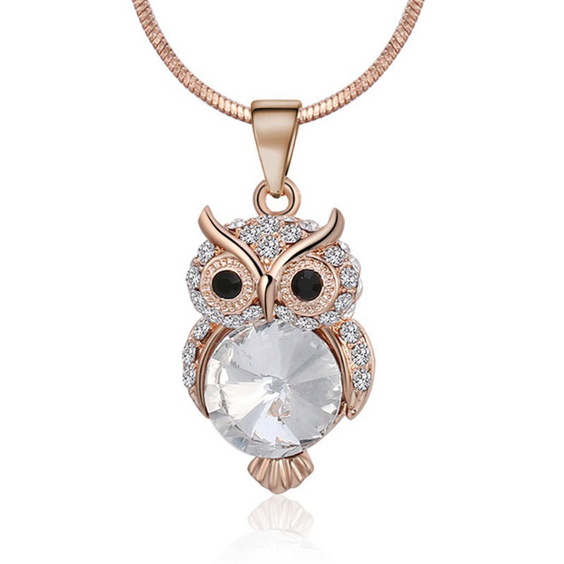 Rose Gold Color Fashion Snake Chain Crystal Gemstone Necklace Sweater Jewelry Fashion Small Cute Owl Bird Pendant