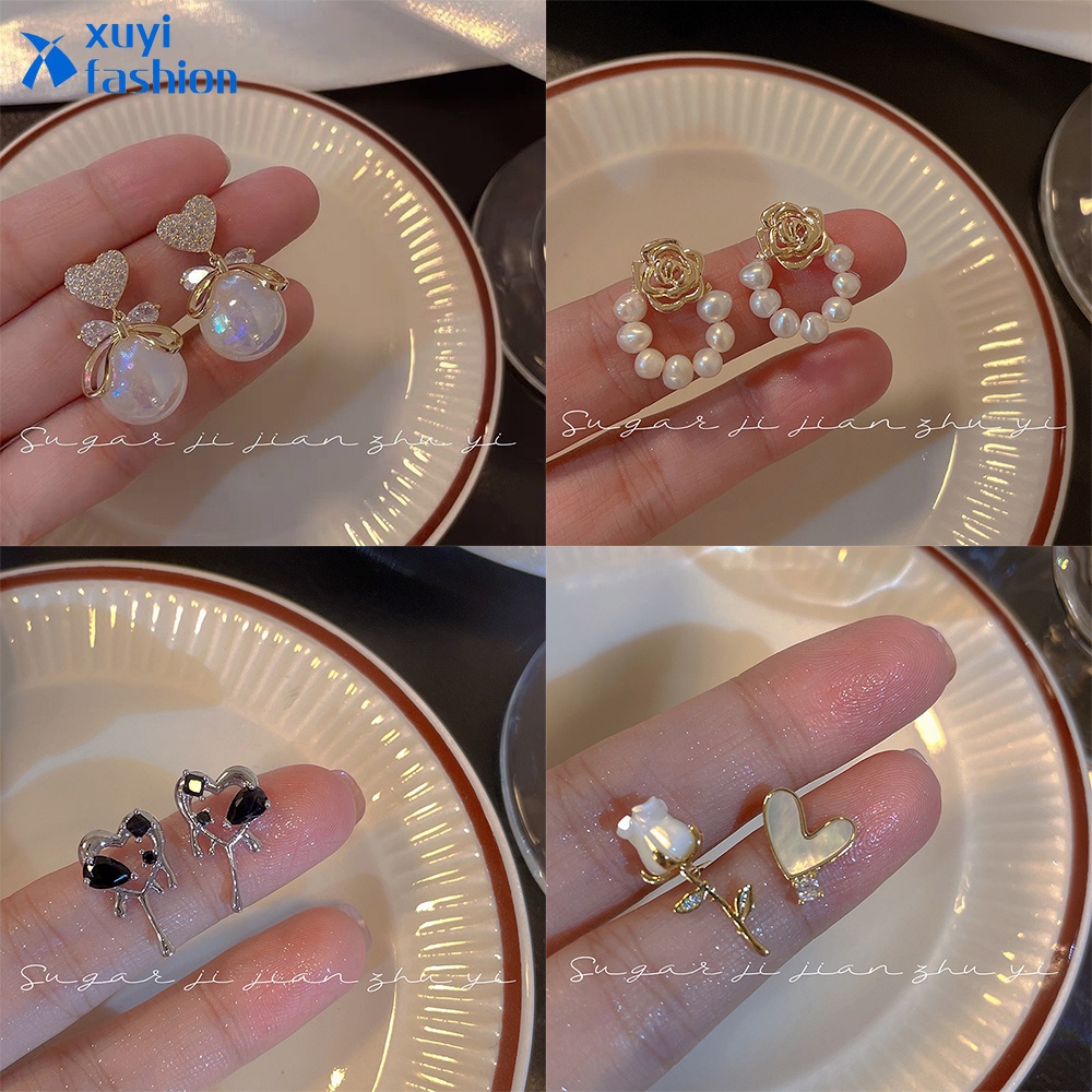 Anting Stud Kristal Mutiara Opal Bentuk Bunga Pink Untuk Wanita