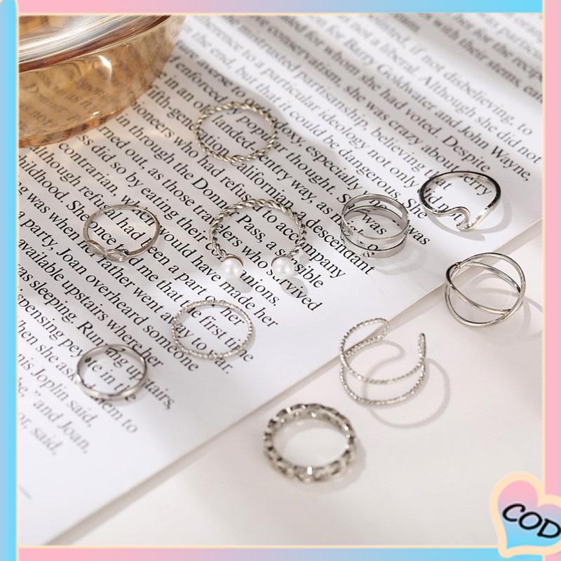 COD❤️10 Buah Set Wanita Kreatif Sederhana Manik-manik Ganda Cincin Gabungan Geometri Gelombang Mutiara-A.one