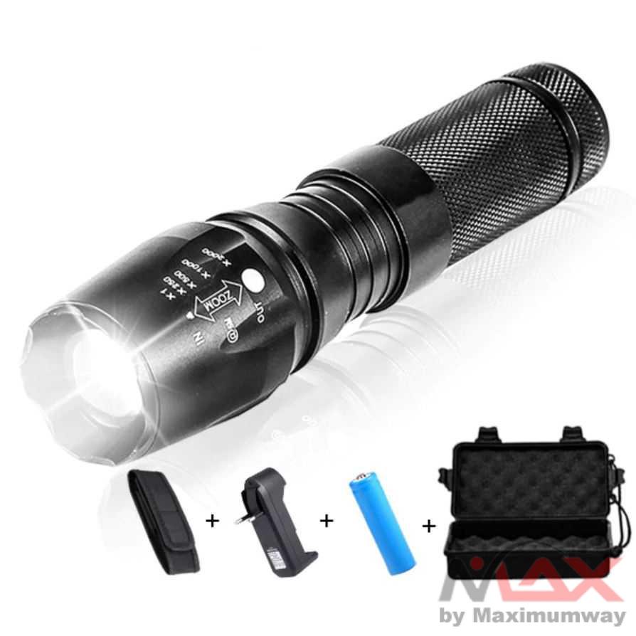 Paket Senter Tactical swat Police Ligh super terang XML-T6 3000 Lumens + Baterai + Charger + Box