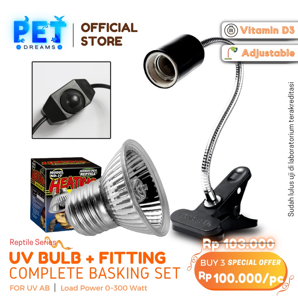 PROMO PAKET LAMPU UVA UVB + FITING KERAMIK JEPIT DIMMER NOMOY PENGHANGAT REPTIL TORTO KURA