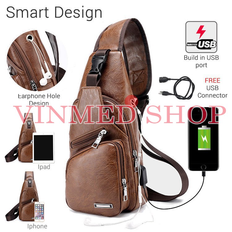 Tas Selempang Pria Import Sling Bag Kulit USB Port Tas Slempang Pria