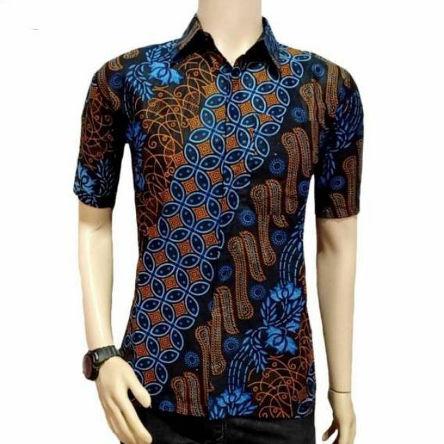 Kemeja Batik Pria Lengan Pendek Motif Seno Biru M L Xl Xxl