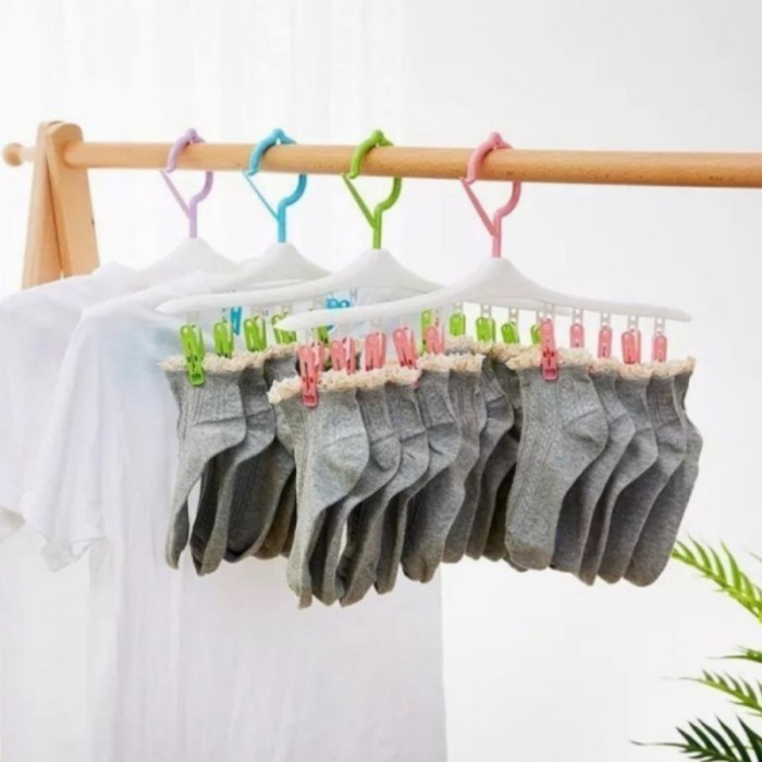 [MURAH] Gantungan Jepitan Jemuran Baju Bayi / Kaos kaki / Underwear Hanger 10 Jepit/Hanger 10 in 1 jepit gantungan jemuran baju kaos kaki serbaguna - hanger plastik [PADMA] PADMA