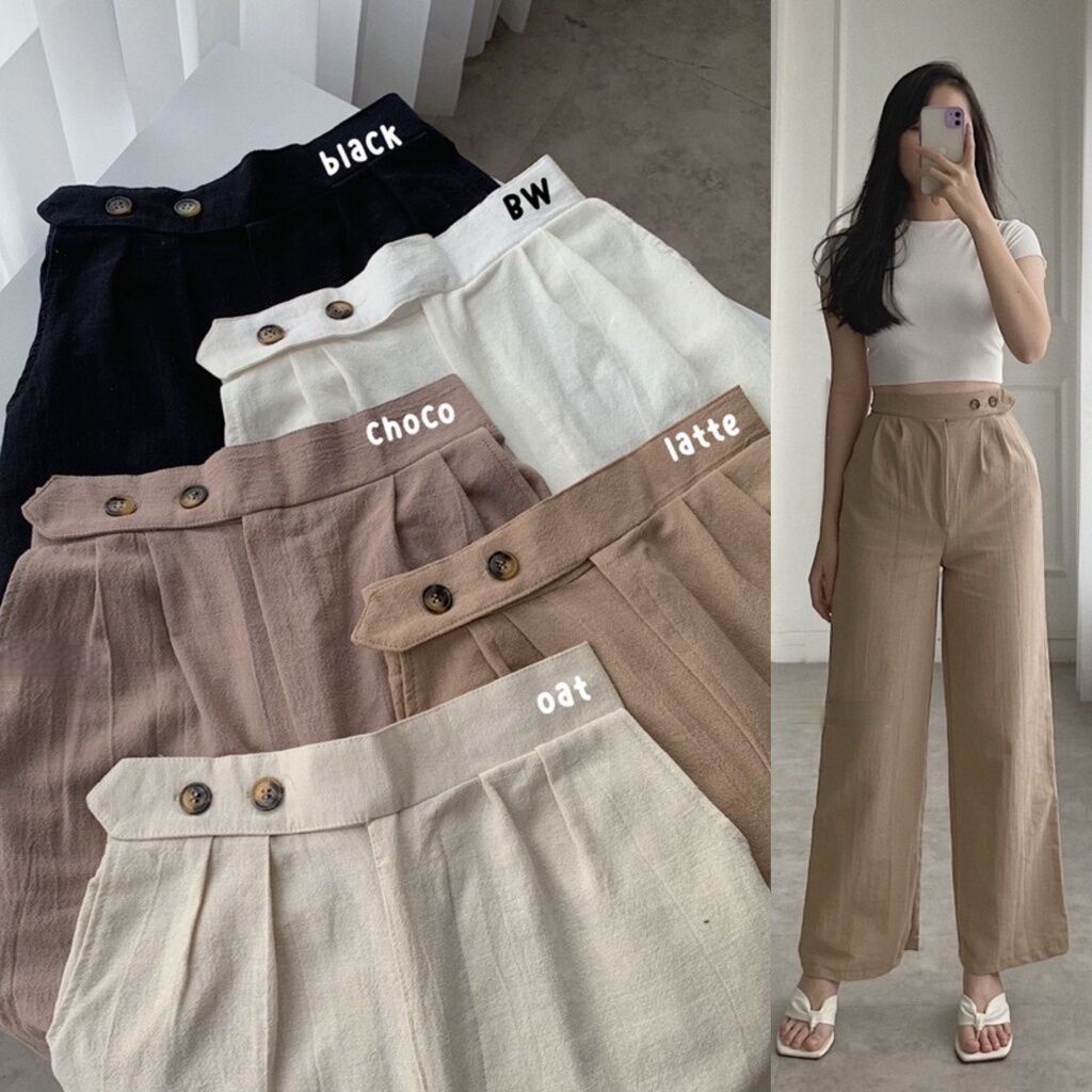 Tiwi Pants - Celana Kulot Linen Crinkle Highwaist Side Button - Celana Kulot Wanita - Cullote Pants