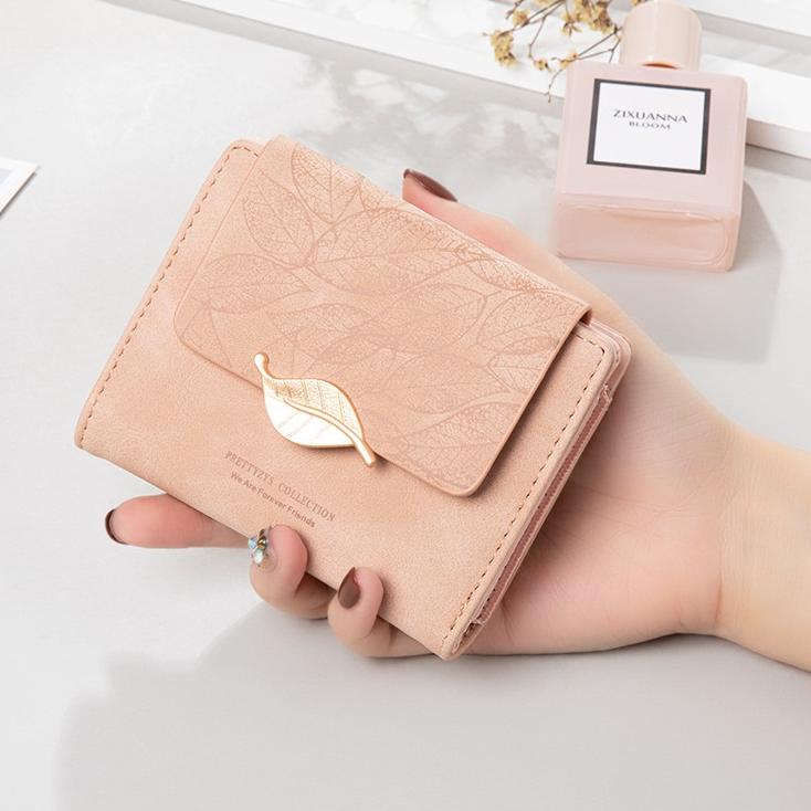Trendy DOMPET LIPAT WANITA KECIL KULIT PINK MOTIF DAUN FAMELA  IMPORT PENDEK SLOT KARTU UANG WA420P3