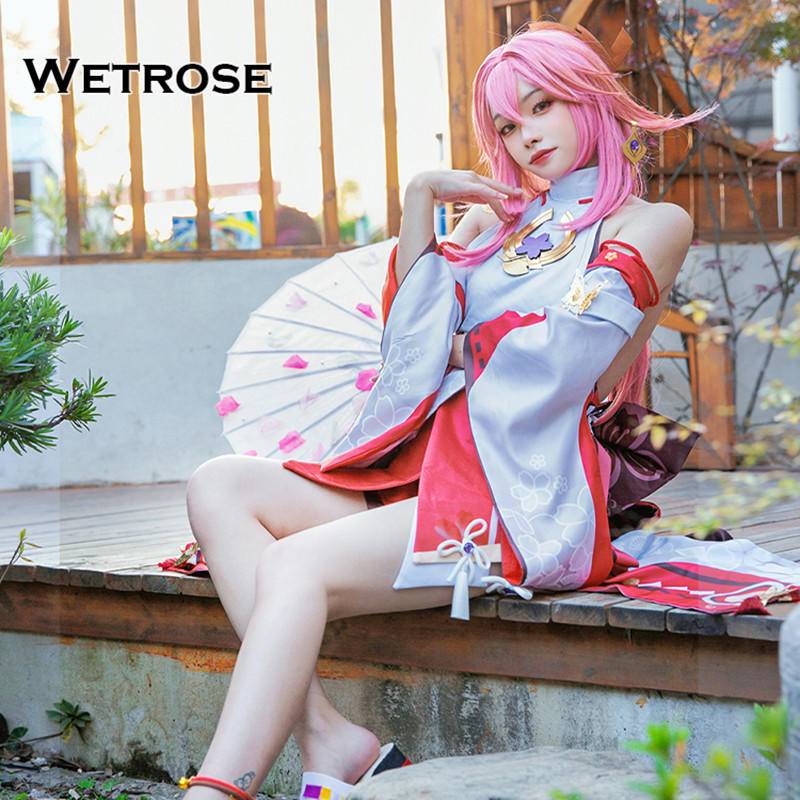 【Wetrose】Genshin Impact Yae Miko Cosplay Wanita Costume Kostum Full Set, Miko Wig