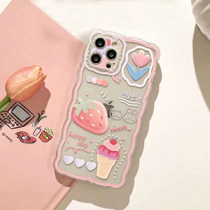 Soft Case Tpu Transparan Motif Es Krim Strawberry Untuk iPhone 13 13pro 13prm 11 7Plus 8Plus Xr XS 13 12pro Max