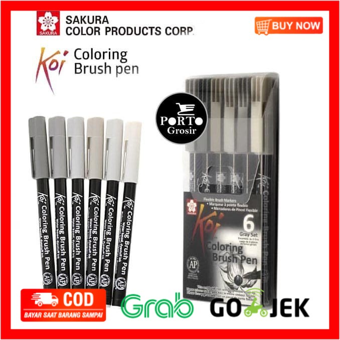 

(BISA COD) Sakura Koi Coloring Brush Pen Set - 6 Grey Color Set / Monochrome