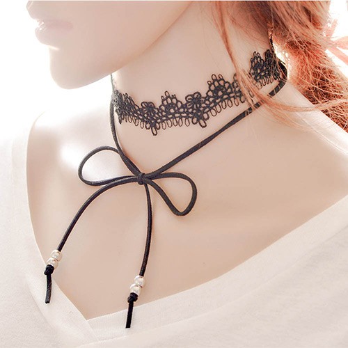 LRC KAlung Trendy Black Bead&amp; Bowtie Decorated Double-layer Hollow Out Choker