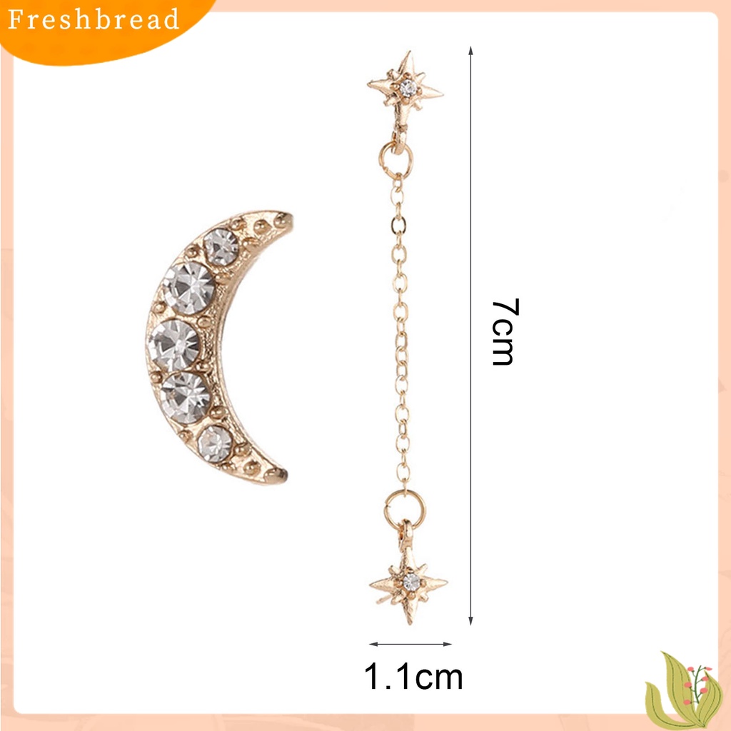 [Fresh] 2Pcs / Set Anting Tusuk Rantai Aksen Bulan / Bintang / Berlian Imitasi untuk Wanita