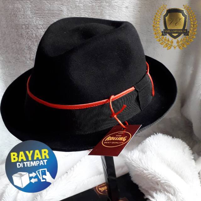 THE ROLLING Topi Fedora black Bahan Laken  BISA COD