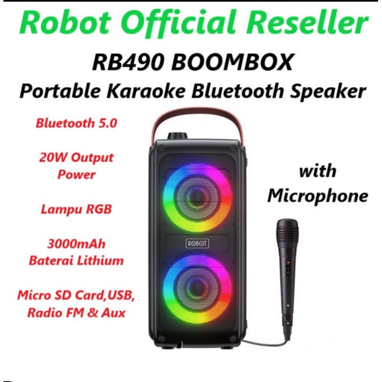 NEW RB490 Robot Speaker WITH RGB LAMP Karaoke Bluetooth Portable Robot with Microphone Tahan lama + kencang Garansi 1 Tahun