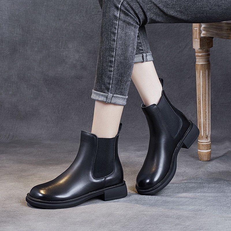 Martin Boot Sepatu Kulit Martin Boots Wanita Tumit Tebal 2021   Round Toe Tumit Rendah Chelsea Pende